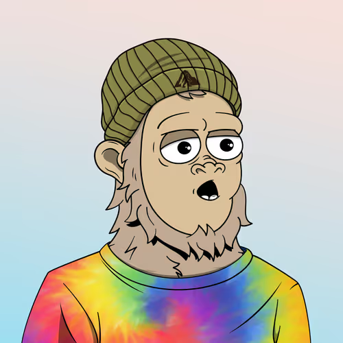 A digital illustration of an ape character wearing a green beanie and a brightly colored tie-dye shirt against a light blue background.