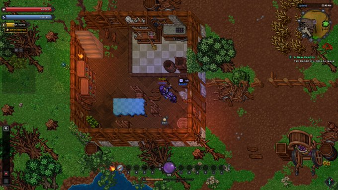 A top-down pixel art video game scene shows a character inside a wooden cabin, with another character approaching a wagon outside, accompanied by on-screen text including 'New Recipe' and 'Your daughter's name is Janet'.