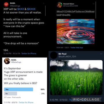 A collage of four social media posts promoting XRP as the "future," including a tweet from @XRPeagle claiming XRP will be "sooner than you all realize," a post from Howard Moon quoting the phrase "ALL IT WILL TAKE IS ONE ANNOUNCEMENT" with the XRP ticker, a poll from @BabaCups asking if the September 18 XRP announcement will "fulfill believers in BG," and an image of a rainy field captioned by @loolf showing grass with "One drop will be a monsoon."