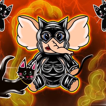 A stylized illustration of a large mouse-like character wearing black armor sitting against a fiery background, accompanied by a small black cat, with additional cat figures in the corners.