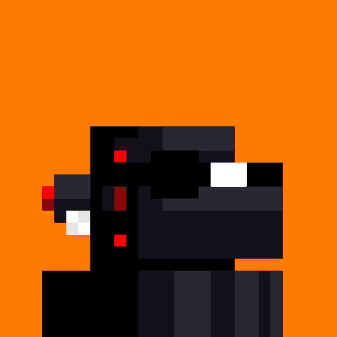 A pixel art illustration of a black and gray robotic or armored head with red accents and white eyes, set against a solid orange background.