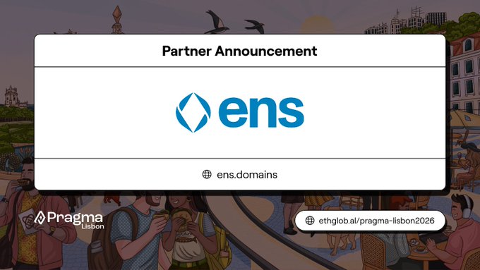 Partner Announcement card for ENS (ens.domains) at Pragma Lisbon, with link ethglobal.al/pragma-lisbon2026.