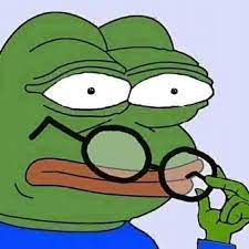 An image of the Pepe the Frog character wearing small round glasses and a blue shirt, holding the glasses with one hand.