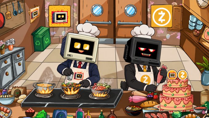 A cartoon scene depicts two characters with computer monitors for heads wearing chef hats and aprons in a kitchen; one monitor is cream-colored and smiling, while the other is black and sinister, surrounded by cooking pots, ingredients, and a tiered cake with 'Z' logos.