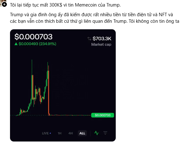 A Vietnamese-language social media post discussing losses of 300K on Trump's Memecoin, featuring a candlestick chart showing a 234.91% gain that has since crashed to $0.000703.