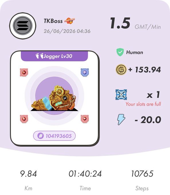 A STEPN activity screenshot from user TKBoss dated 26/06/2026 04:36, showing a Jogger Lv30 NFT (#104193605) earned 153.94 GMT and a blue Sneaker NFT at 1.5 GMT/Min, with stats of 9.84 Km, 01:40:24 Time, and 10765 Steps. The image relates to the post as visual proof of the user's morning walk before heading to the airport, capturing their STEPN move-to-earn session that netted a loss of 20.0 GMT.