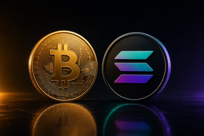 A 3D-rendered golden Bitcoin coin stands next to a black Solana (SOL) cryptocurrency coin on a reflective dark surface against a black background.