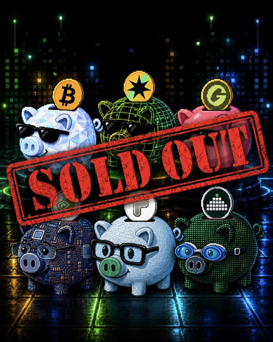 Six piggy banks labeled with Bitcoin, Starcoin, Gcoin, and three other crypto coins are stamped with a bold red "SOLD OUT" banner, visually confirming the sold-out Piggy Bank NFTs mentioned in the post about Sinjoh. The stylish, sunglasses-wearing pigs in a neon-lit setting reinforce the bullish, meme-worthy announcement that the NFTs have sold out, with proceeds going toward liquidity provision.