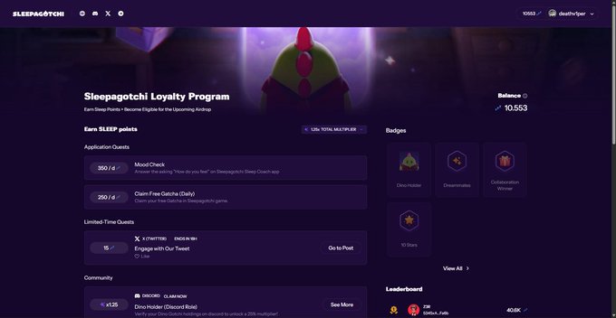 A screenshot of the Sleepagotchi Loyalty Program dashboard showing a balance of 10,553 SLEEP points, with available quests including "Mood Check" and "Claim Free Gotchis," along with badges like Dino Hooper and Dreammaker. The image illustrates the author's point about Sleepagotchi becoming a routine part of their day, as evidenced by their accumulated points and active engagement with the platform's quests and community features.