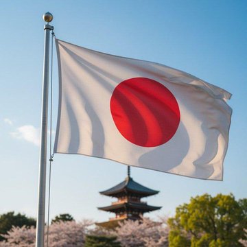 The image features a Japanese flag flying high against a clear blue sky with trees in the background. The flag has a red circle at its center, which is the national symbol of Japan. In the distance, there are cherry blossom trees, adding a touch of nature and beauty to the scene. The post also mentions that LATEST: ¥1T SBI Shinsei Bank will offer Bitcoin, ETH, and XRP rewards to depositors. This suggests that the image is related to cryptocurrency or digital currency, possibly indicating an emerging trend in Japan's financial landscape.