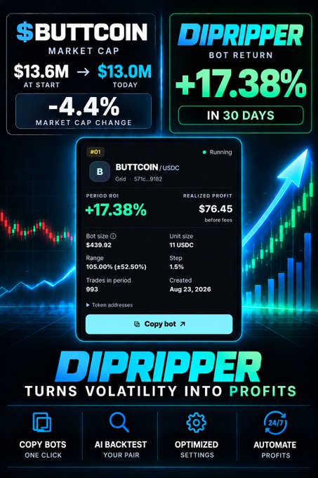 A cryptocurrency advertisement for DIPRIPPER, a trading bot showing BUTTCOIN/USDC pair with +17.38% return over 30 days and market cap changing from $13.6M to $13.0M (-4.4%).