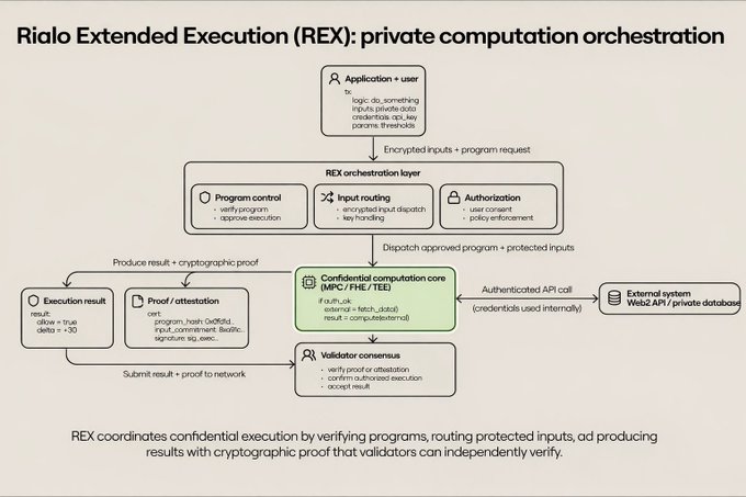 A diagram titled 'Rialo Extended Execution (REX): private computation orchestration' showing the flow from an application to confidential computation, attestation, and external systems.