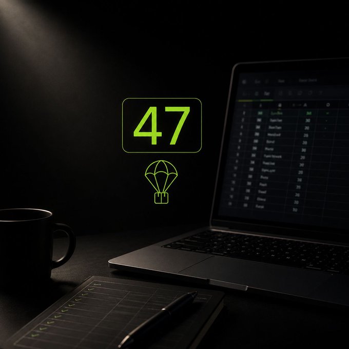 The image shows an open laptop computer sitting on top of a desk, with a black coffee mug next to it. The background appears to be dark, possibly indicating that the photo was taken at night or in low light conditions. In front of the laptop is a notebook and a pen, suggesting that someone might have been working on a project or taking notes during their time spent using the computer. A post with the caption "I call myself a builder but I track 47 airdrops in a spreadsheet and haven'nt written a single line of code this year." is also present in the image.
