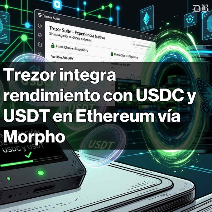 The image shows a cell phone with an app called "Trezor Integra" displayed on its screen, which allows users to send and receive USDC transactions using Ethereum. The text in the image suggests that this app can be used for Bitcoin integration as well.