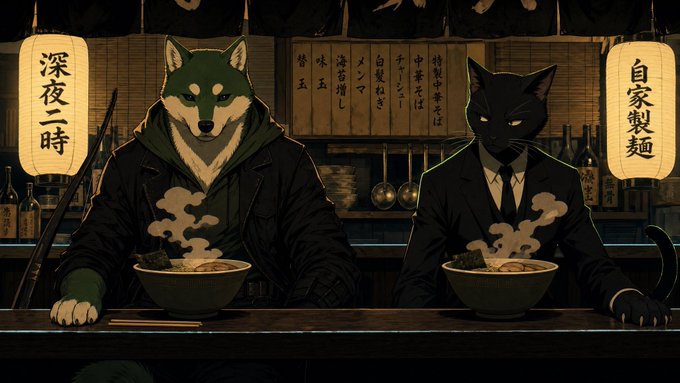 An illustration of two anthropomorphic figures—a wolf in a green jacket and a black cat in a suit—sitting at a counter with bowls of noodles in a Japanese-style setting with lanterns.