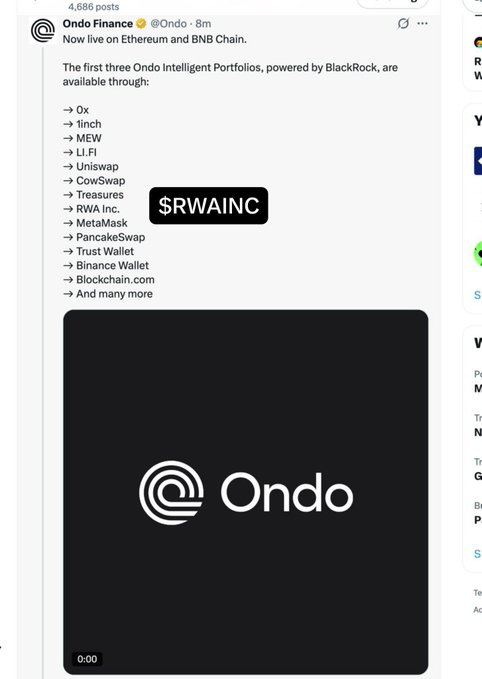 A screenshot of a social media post by Ondo Finance announcing that its first three Ondo Intelligent Portfolios, powered by BlackRock, are now live on Ethereum and BNB Chain, listing platforms like 0x, 1inch, MEW, LI.FI, Uniswap, CowSwap, Treasures, RWA Inc., MetaMask, PancakeSwap, Trust Wallet, Binance Wallet, and Blockchain.com.