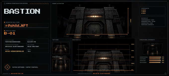 A digital blueprint showing a sci-fi 'Bastion' bunker construction design from Bunker Construction Record, labeled B-01 by @Pohld_NFT.