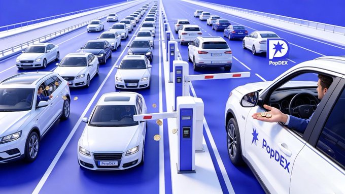 An illustration depicts a highway toll plaza with white cars at blue booths labeled 'PopDEX', featuring a person in the right car holding out coins.