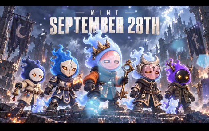 A promotional graphic for an NFT mint on September 28th featuring five flame-headed hooded characters with crowns and staffs standing in a dark gothic castle setting.