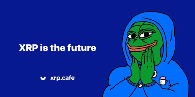 The image features the Pepe the Frog meme character in a praying pose wearing a blue hoodie, set against a dark blue background with the text "XRP is the future" and "xrp.cafe" displayed alongside. The promotional graphic complements the post by visually endorsing XRP's features, using the praying Pepe meme to express hopeful optimism about the cryptocurrency's promising future.