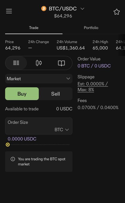 A mobile trading interface displaying a BTC/USDC trade screen with a current price of $64,296, showing Buy/Sell options, available balance, and order size settings.