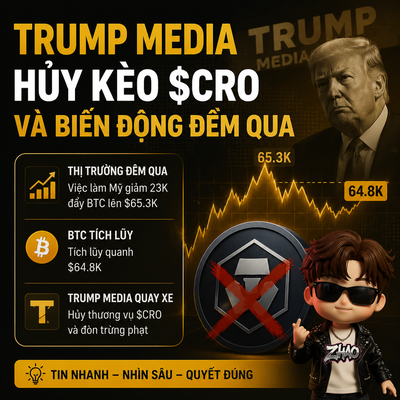 A Vietnamese-language crypto news graphic about Trump Media cancelling $CRO deal, featuring Trump Media DJT logo with red X mark, Bitcoin price charts (65.3K, 64.8K), and tagged 'TIN NHANH - NHÌN SÂU - QUYẾT ĐỊNH' (Quick News - Deep Look - Decision).