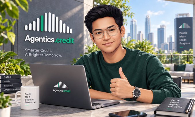 An AI-generated advertisement for 'Agentics.credit' featuring a young man giving a thumbs-up at a desk, with the slogans 'Smarter Credit. A Brighter Tomorrow.' and 'Credit for a Brighter Tomorrow'.