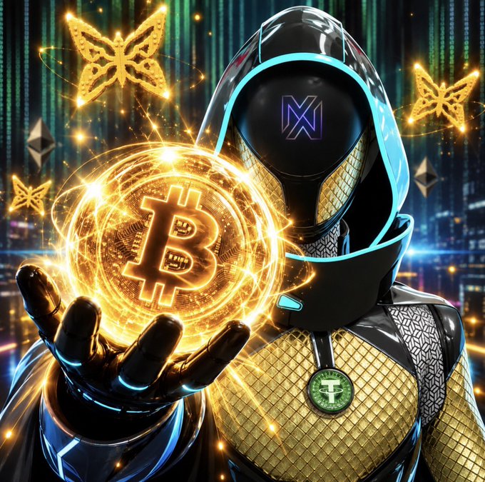 A futuristic, robotic figure wearing a hooded cloak, holding a glowing golden Bitcoin coin, with butterfly motifs and a city skyline in the background.