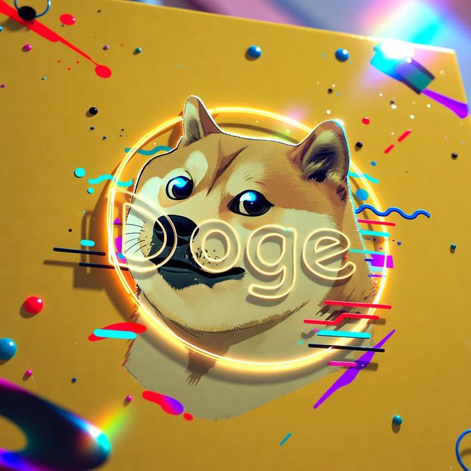 The image features a cartoon dog with a brown color, wearing sunglasses and looking at the camera. The background of the image has neon colors and various shapes, creating an abstract and colorful backdrop for the dog's face. The text "Doge" is written in white letters above the dog's head. The caption below the image reads: "Dogecoin".