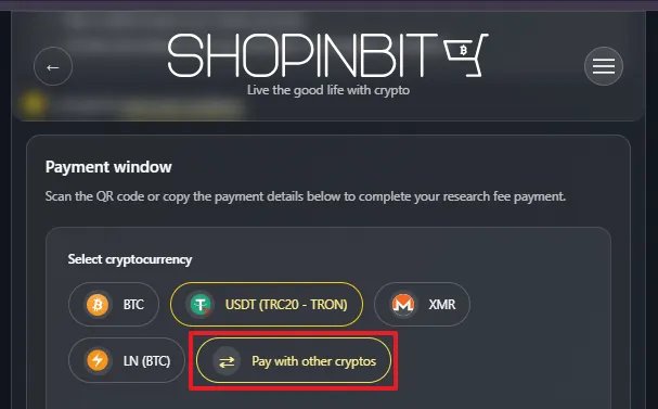 A 'SHOPINBIT' payment window showing cryptocurrency options including BTC, USDT (TRC20 - TRON), XMR, and LN (BTC), with the 'Pay with other cryptos' button highlighted by a red box.
