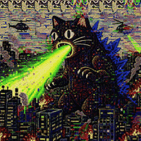 Pixel art scene depicting a giant black cat with glowing green eyes shooting a green laser beam at a city skyline while helicopters fly in a glitchy background.