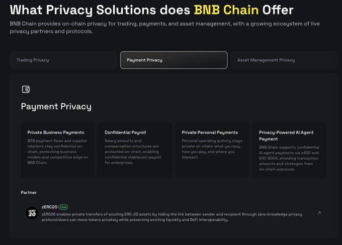 A webpage titled 'What Privacy Solutions does BNB Chain Offer' showing details about 'Payment Privacy' features including private business payments and confidential payroll, featuring partner zERC20.