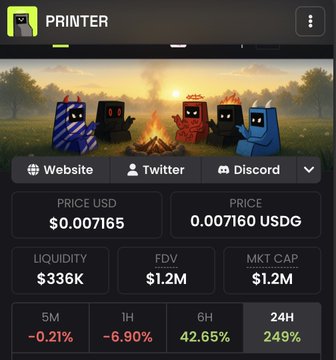 A screenshot displays cryptocurrency data for a token named 'PRINTER', showing a price of '$0.007165' USD or '0.007160 USDG', with '24H' performance at '249%'.