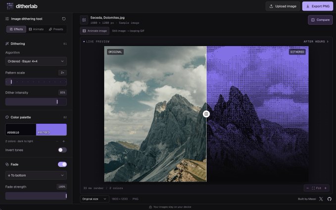 Screenshot of the ditherlab image dithering tool showing a side-by-side comparison of an original mountain landscape image (Seceda, Dolomites.jpg) and its dithered version using Bayer 4x4 algorithm with a violet color palette (#cd8fdo).