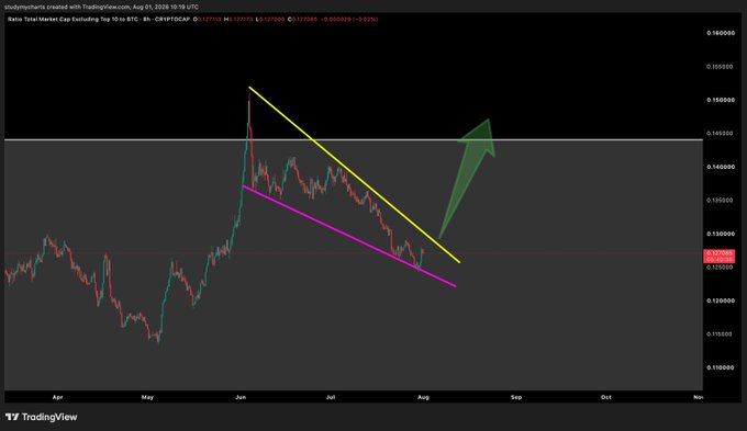 This chart shows the "Ratio Total Market Cap Excluding Top 10 to BTC" as it forms a falling wedge pattern, with a green arrow suggesting a potential upward breakout. This visually supports the question of whether the bottom is in for altcoins relative to Bitcoin.