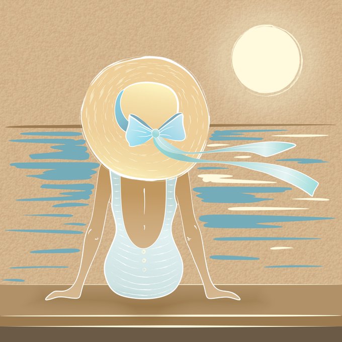An illustration of a woman in a white sundress and large straw hat with a blue ribbon, sitting on a wooden dock with her back to the viewer, facing a beach scene with the sun visible in the sky.