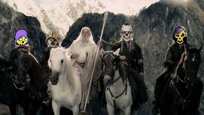 A Lord of the Rings-style scene showing Gandalf and other riders on horseback in a mountainous landscape, with cartoon skull emojis overlaid on the faces of several characters.