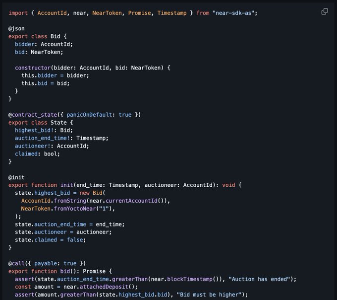 A code snippet in TypeScript for a NEAR Protocol smart contract, defining a 'Bid' class and a 'State' class with initialization and bid functions for an auction system.