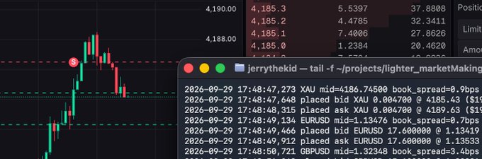 A financial trading screen showing a candlestick chart for XAU (Gold) with a terminal window overlaid displaying market making logs for XAU, EURUSD, and GBPUSD from the user 'jerrythekid'.