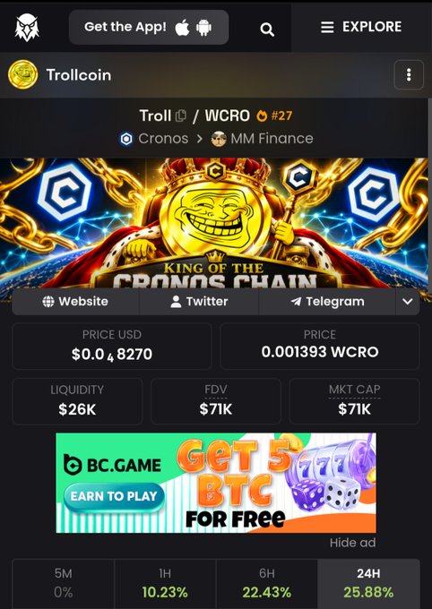 A mobile screenshot showing Trollcoin token info on Cronos/MM Finance with a price of $0.048270 and a 'King of the Cronos Chain' troll mascot banner.