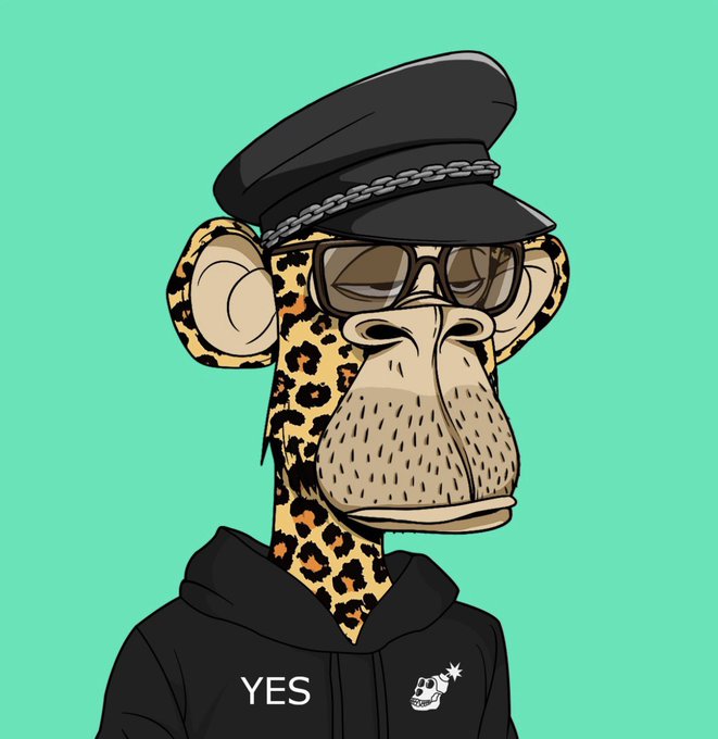A digital illustration of a Bored Ape-style NFT character with leopard print fur, wearing a black captain's hat, sunglasses, and a black hoodie with 'YES' and a skull graphic on it, set against a green background.