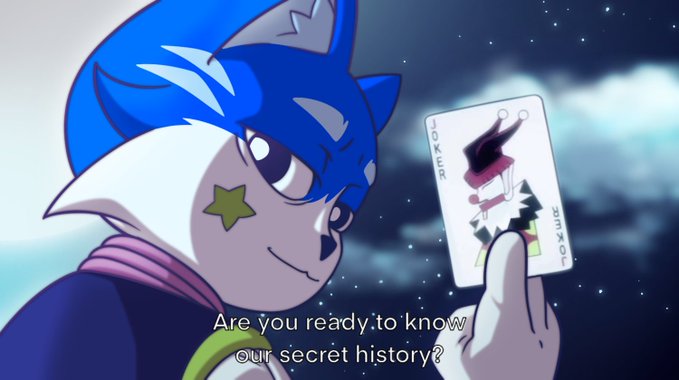An animated blue wolf-like character with a star on their cheek holds up a Joker card while saying, "Are you ready to know our secret history?"