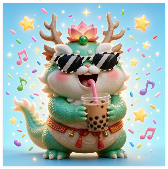 A cute 3D-rendered green dragon character wearing sunglasses and a lotus flower on its head drinks boba tea while surrounded by stars and musical notes.