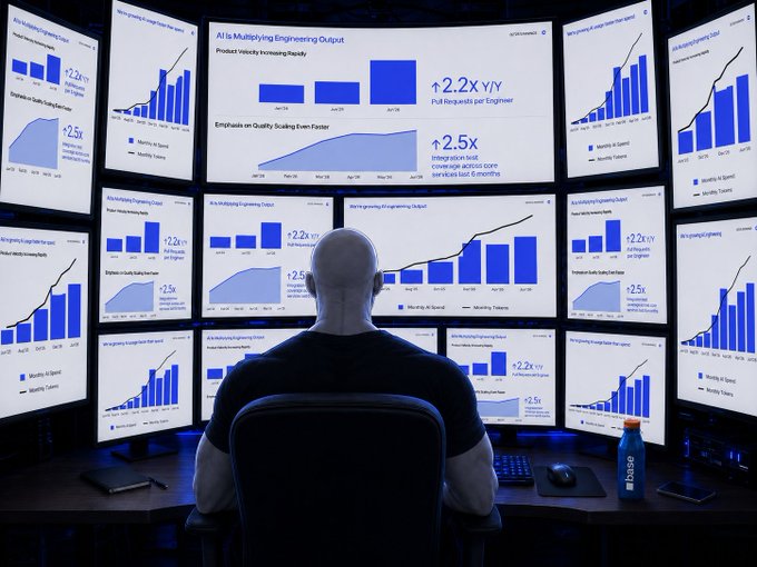 A man sits in a dark room surrounded by multiple glowing monitors displaying performance dashboards with charts showing "2.2x" improvements in engineering output and "2.5x" quality gains—visually reinforcing the post's theme of "Ai building AiFi" with data-driven metrics suggesting AI-accelerated development for the @base platform.