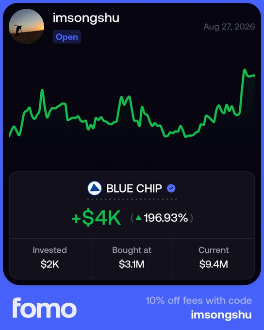 A promotional graphic for 'fomo' shows a trading chart with the username 'imsongshu', dated 'Aug 27, 2026', displaying a 'BLUE CHIP' investment of $2K now valued at $9.4M, yielding a +$4K (▲196.93%) return, and offering '10% off fees with code imsongshu'.