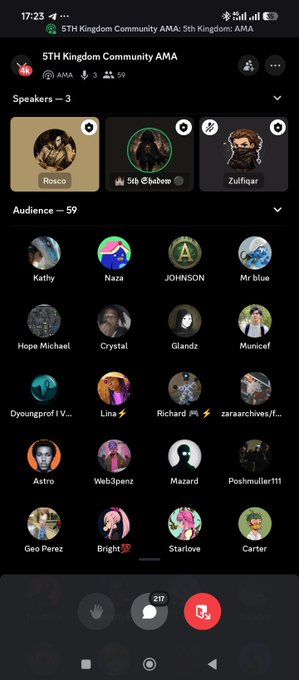 A Twitter Spaces interface showing the '5TH Kingdom Community AMA: 5th Kingdom: AMA' audio room with 3 speakers and 59 audience members.