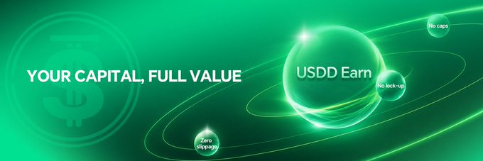 A green promotional banner reads 'YOUR CAPITAL, FULL VALUE' alongside a glowing orb labeled 'USDD Earn', with smaller orbiting spheres displaying 'Zero slippage', 'No lock-up', and 'No caps'.