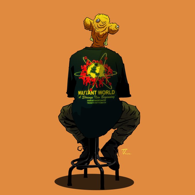 An illustration of a figure with a yellow fish-like head sitting backwards on a stool, wearing a black t-shirt displaying a radioactive atom design with the text 'MUTANT WORLD A Strange New Beginning.'