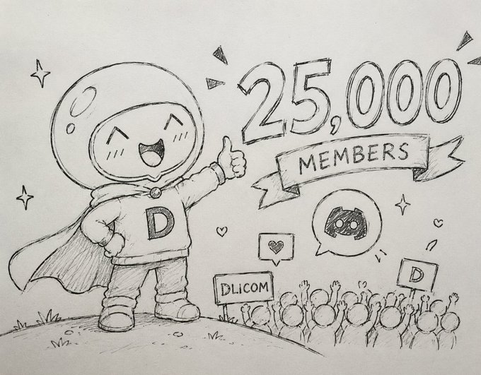 A hand-drawn pencil sketch celebrating 25,000 members, featuring a cartoon character in a space helmet giving a thumbs up with a crowd below.