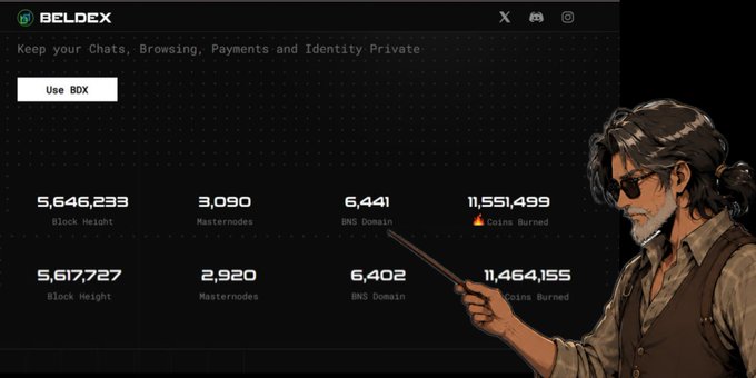 A Beldex cryptocurrency website screenshot showing statistics like Block Height (5,646,293), Masternodes (3,090), BNS Domain (6,441), and Coins Burned (11,551,499), with an illustrated man in sunglasses pointing a stick.